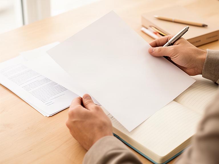Persona revisando un documento legal junto a un cuaderno en una mesa luminosa
