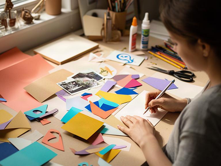 Participante escribiendo y creando un collage de ideas en un estudio con materiales de colores