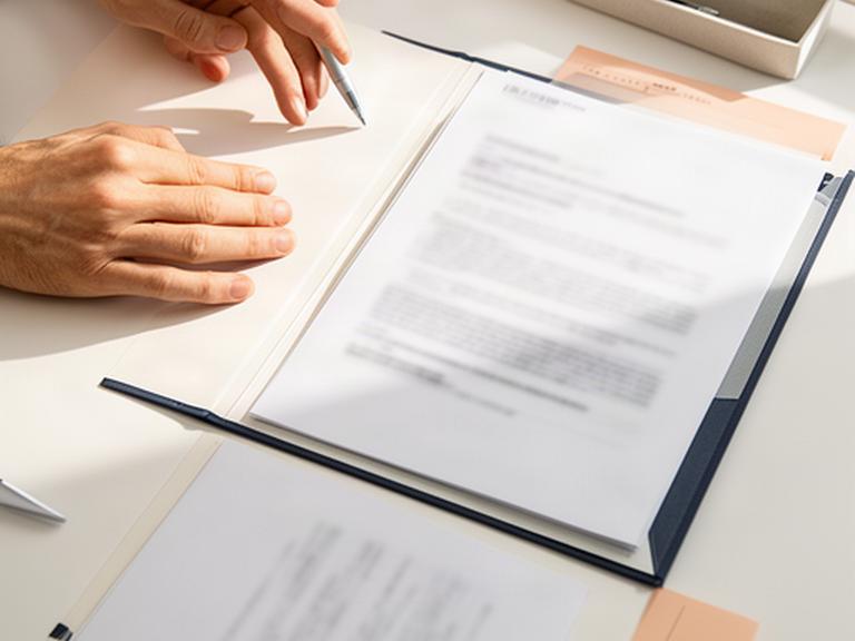 Manos escribiendo una solicitud de acceso a datos junto a una carpeta de documentos personales
