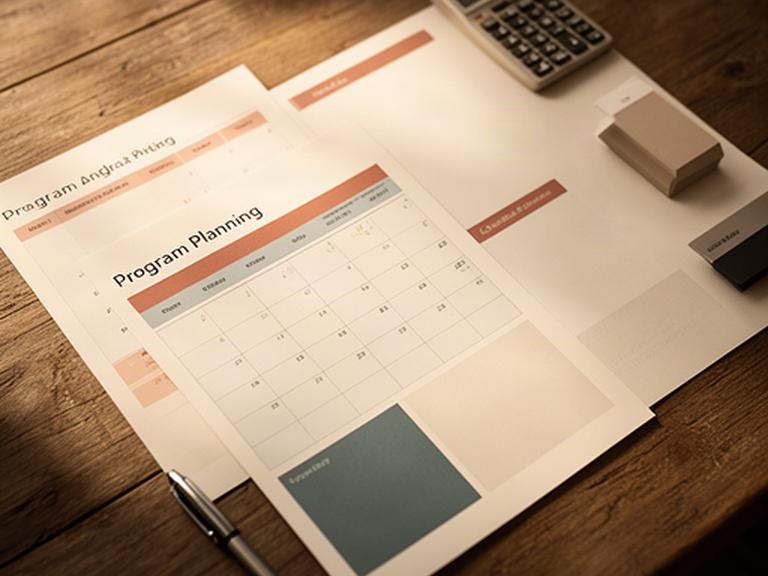 Calendario impreso y documentos de un programa educativo sobre una mesa de madera