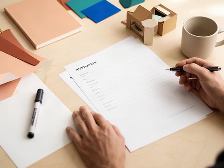 Persona completando una ficha de reserva junto a materiales creativos en una mesa de madera clara