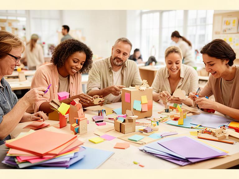 Equipo diverso creando prototipos con post-its y materiales de colores en un taller luminoso