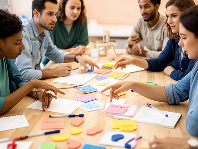 Participantes trabajando en equipos alrededor de una mesa durante un programa de creatividad aplicada
